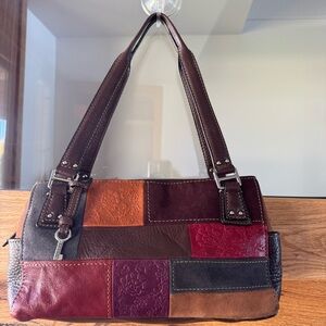 Vintage Fossil Patchwork Leather Shoulder Bag w Key Multicolor Floral Embossed